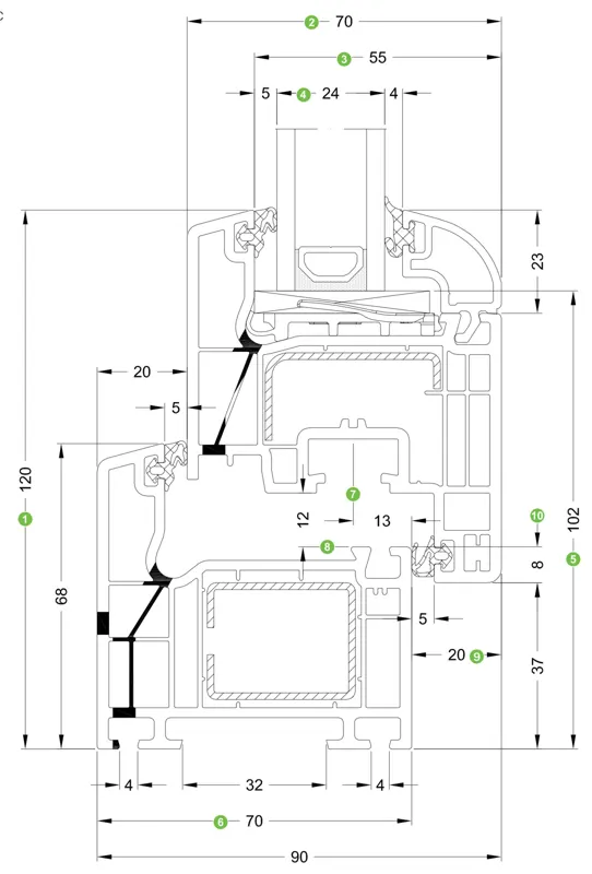 Dimensioned 1:1 section of a Schueco CT 70 Classic frame and sash: 70 mm depth, 120 mm face width