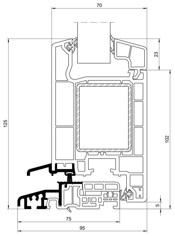 Section drawing of a Schueco CT 70 door sash on the 20 mm door threshold