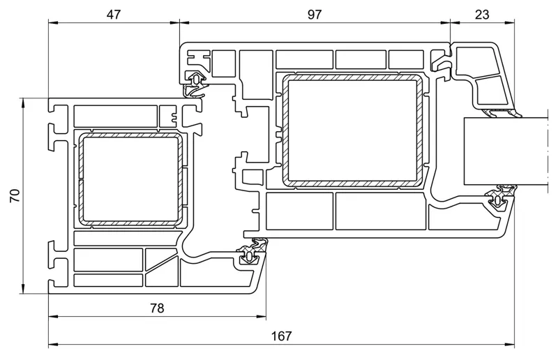 Section drawing of the Schueco CT 70 entrance door: 70/78 frame and 70/120 sash, 167 mm face width