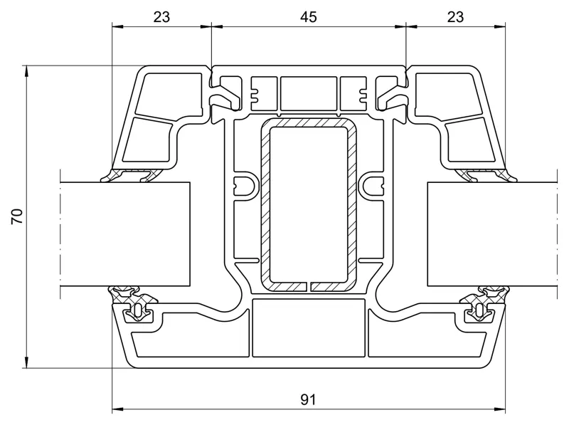 Schueco CT 70 uPVC T-mullion section with fixed glazing, 91 mm wide