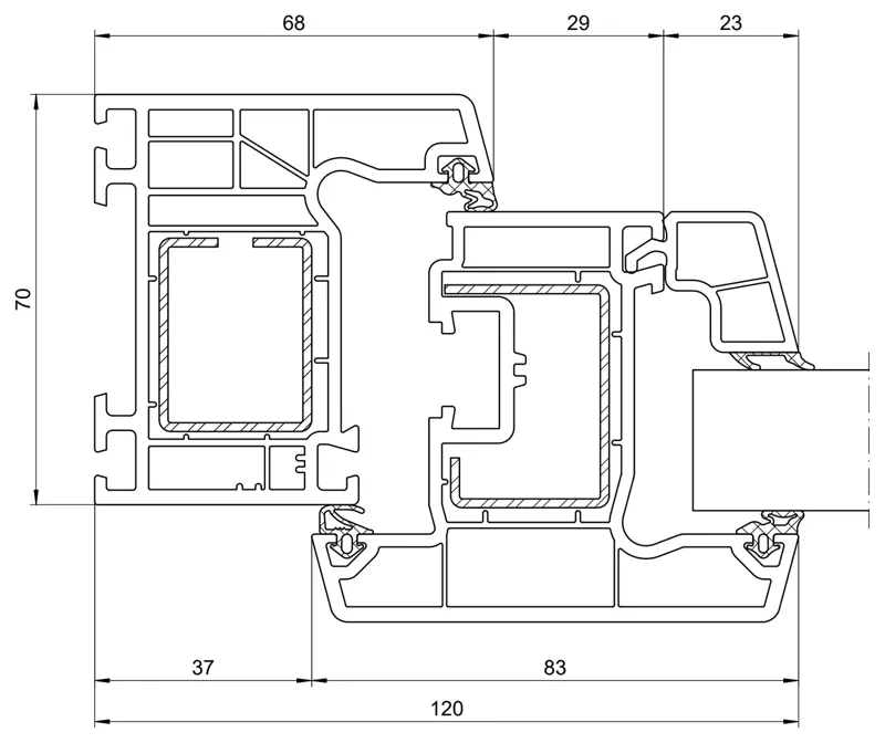 Schueco CT 70 outward-opening uPVC sash section, 120 mm face width