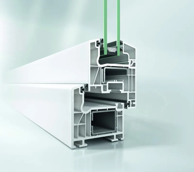 Cut-away render of the Schueco CT 70 uPVC profile with five chambers and steel reinforcement