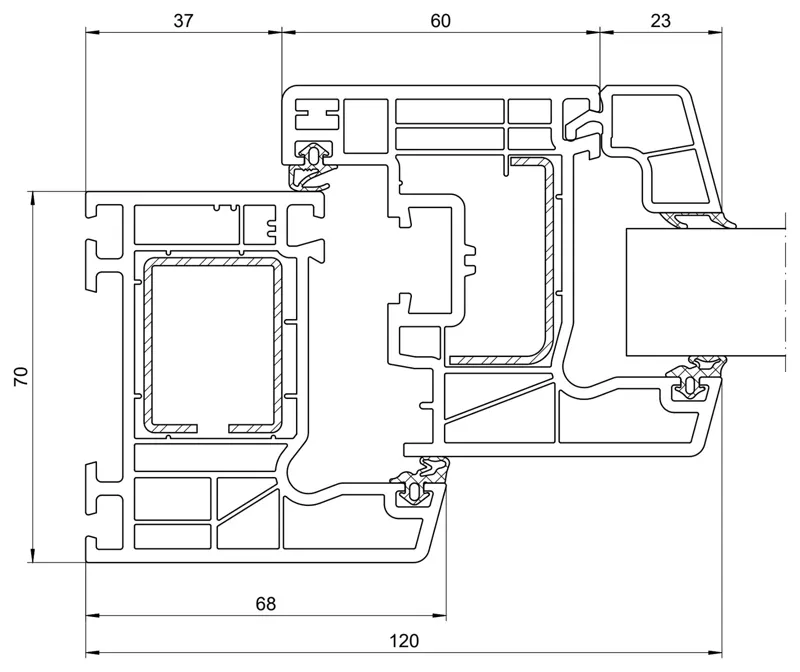 Schueco CT 70 tilt and turn section drawing showing the glass rebate and gaskets