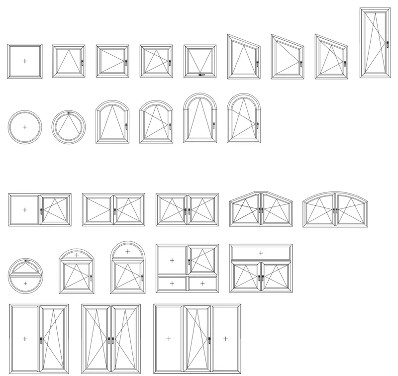 Schueco CT 70 uPVC window unit types: fixed, side-hung, tilt, raked and arched