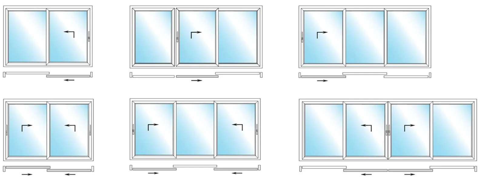 Schueco EasySlide lift and slide door layouts with two, three and four panels