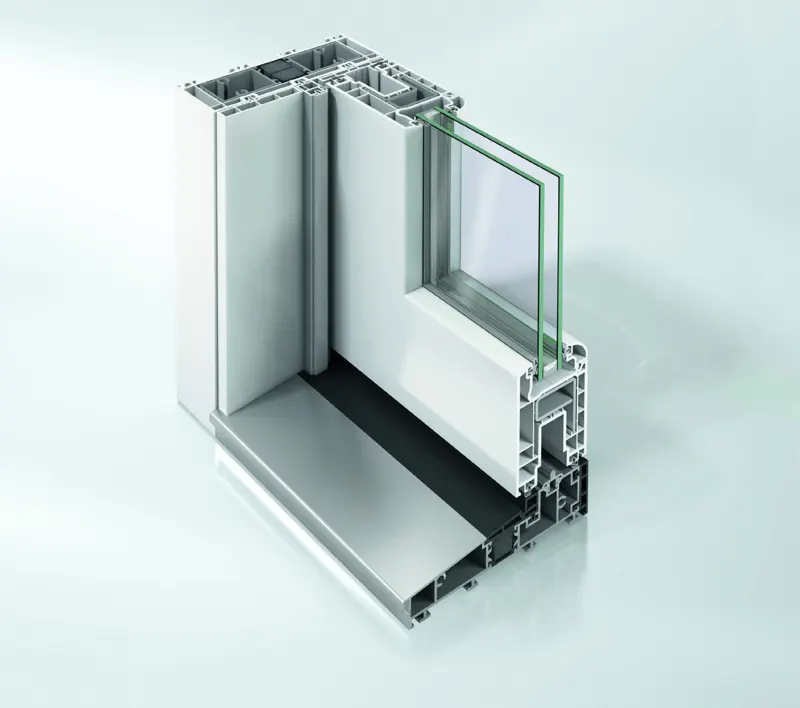 Cut-away render of the Schueco EasySlide lift and slide frame, vent and flush threshold