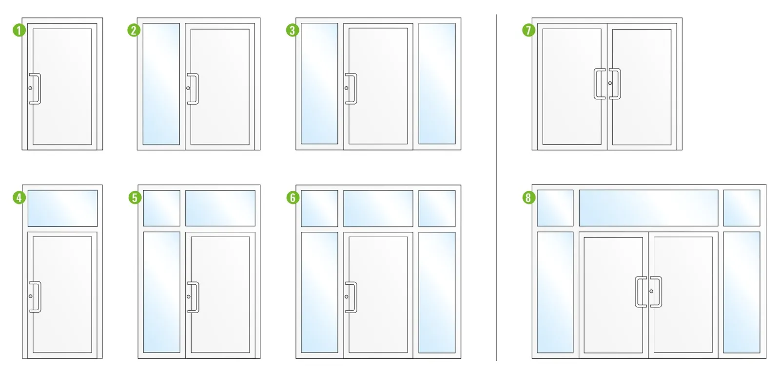 Schueco uPVC entrance door layouts with sidelights, toplight and double leaf