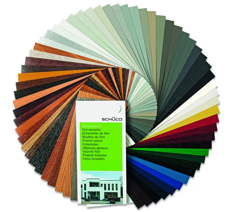 Fan of Schueco foil colour and woodgrain samples
