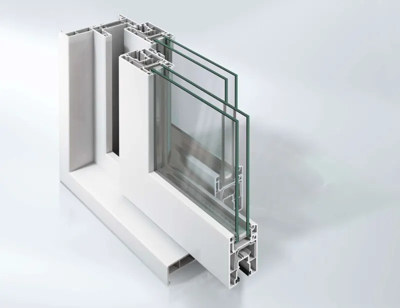 Cut-away render of the Schueco SoftSlide sliding profile with triple glazing