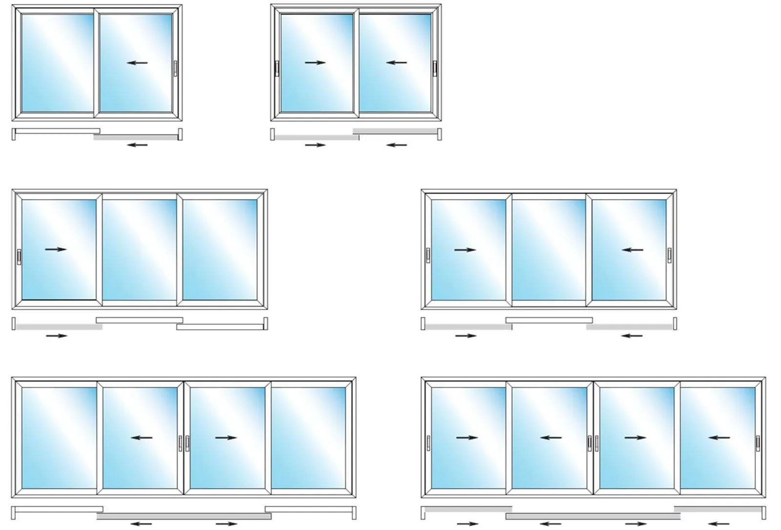 Schueco SoftSlide uPVC sliding door layouts with two, three and four panels
