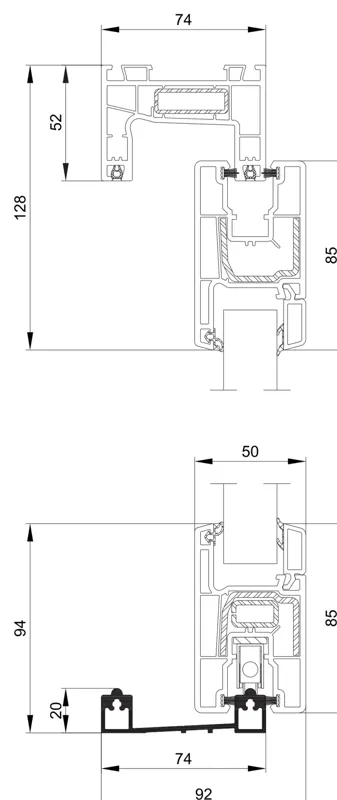 Schueco SoftSlide sliding door section with 20 mm aluminium threshold