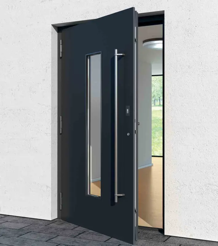 Anthracite uPVC entrance door with vertical glass strip and long bar handle, shown ajar
