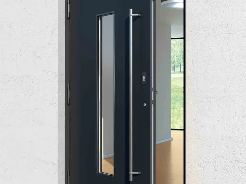 Anthracite Schueco uPVC entrance door with a vertical glass strip and bar handle, standing ajar