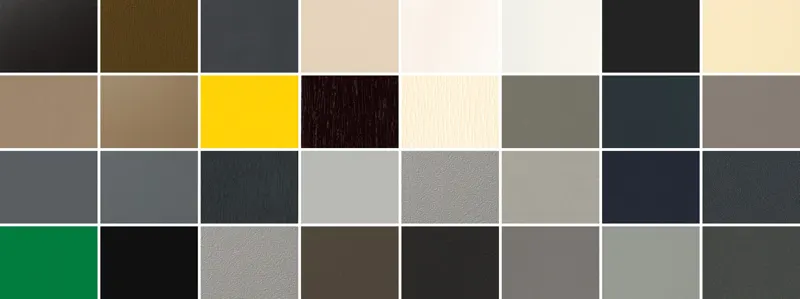 Schueco uPVC foil colour swatches, from black and anthracite to cream and green