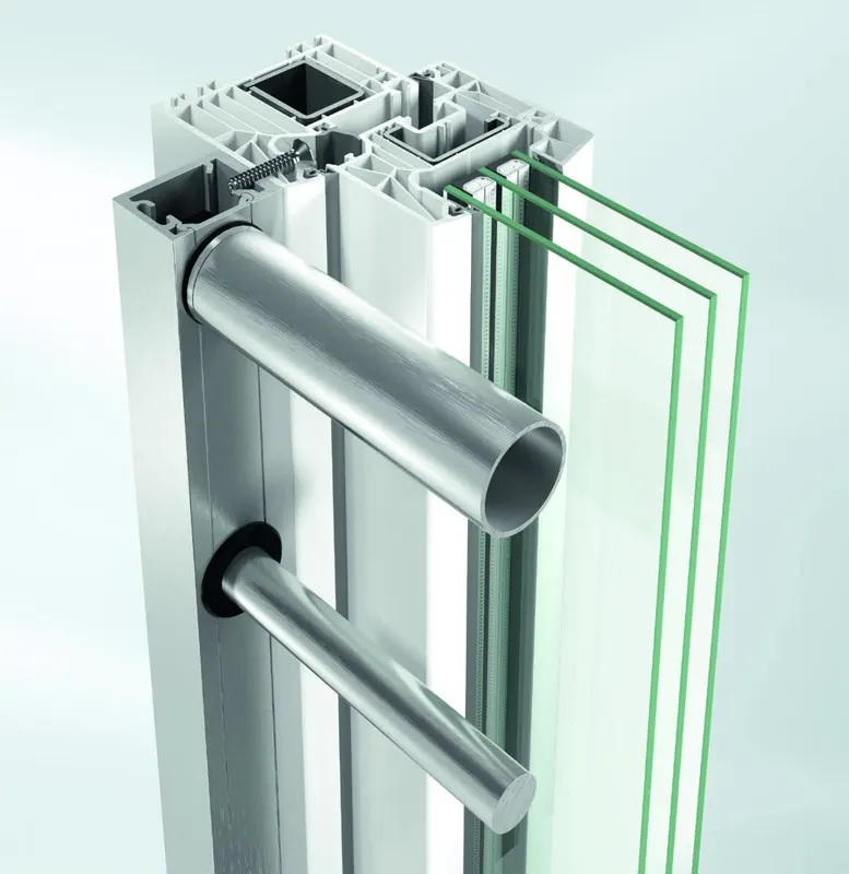 Schueco uPVC frame cut-away with a triple glazed unit