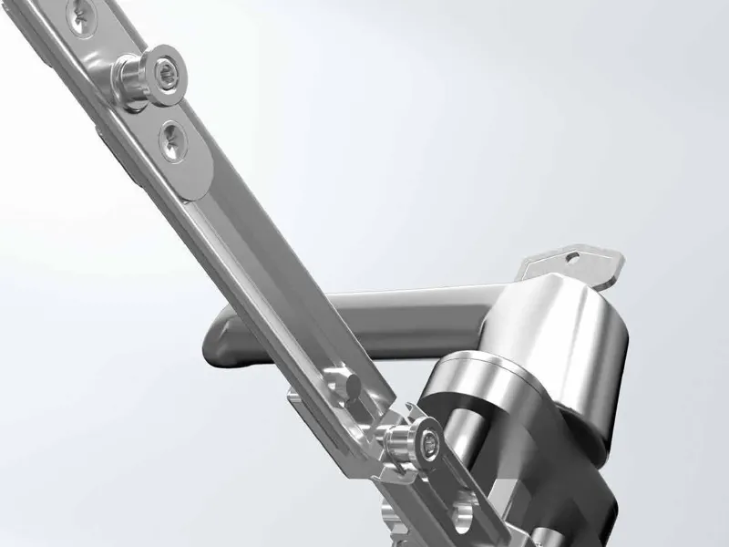 Close-up of Schueco VarioTec Advanced window fitting with a steel locking cam