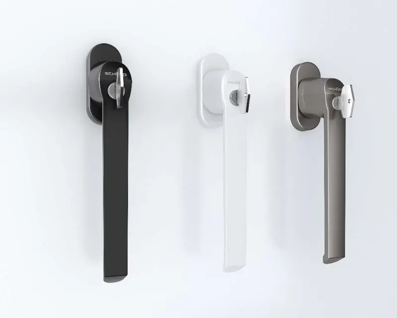 Three lockable Schueco window handles in black, white and grey