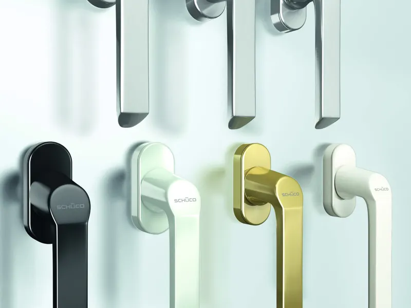 Schueco window handles in silver, black, white, gold and cream