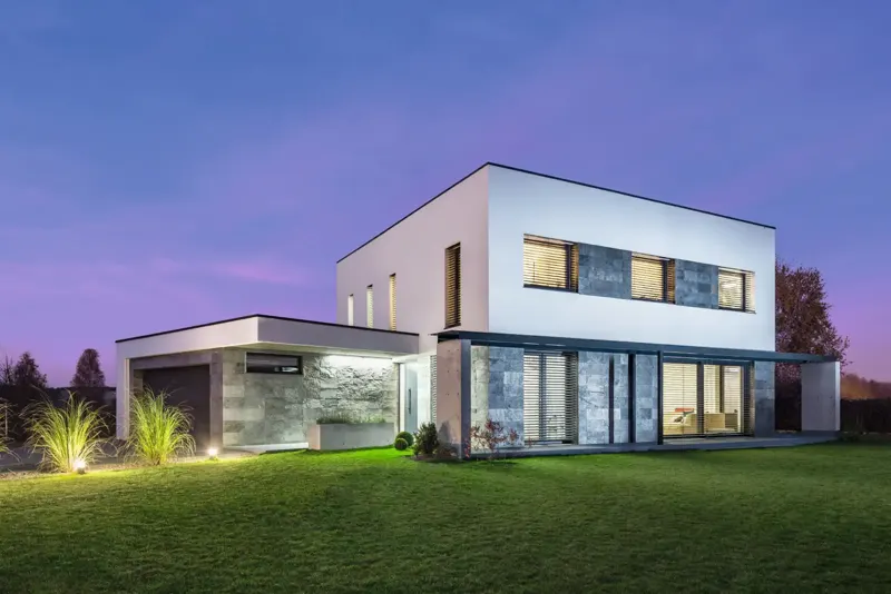 Modern house with Schueco windows at dusk