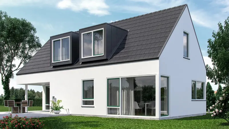 White gable house with dormers and double glazed uPVC windows